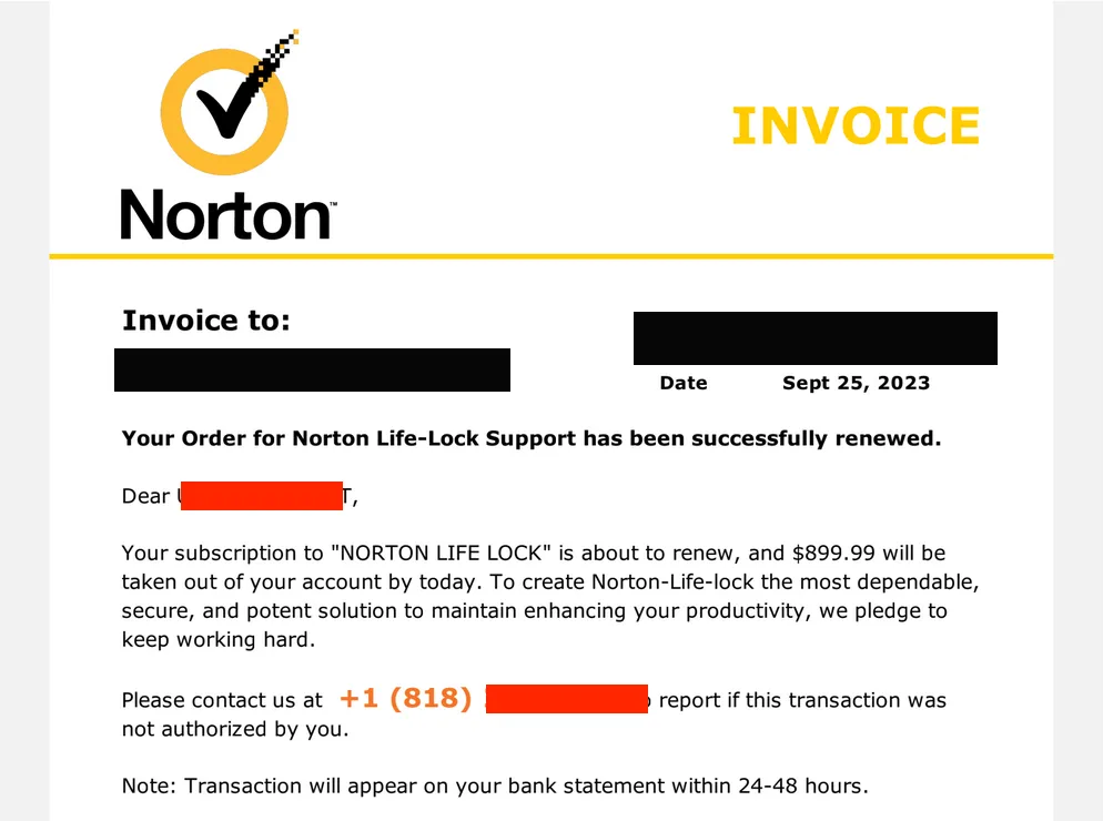 Screenshot of a phishing email claiming to be an invoice for Norton Life-Lock Support with a fake phone number to call